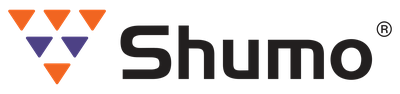Shumo yazılı logo; turuncu ve mor üçgenlerden oluşan simge