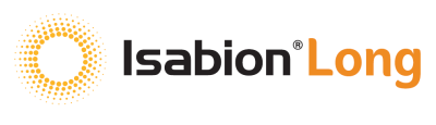 Isabion Long yazılı logo; solda turuncu noktalı daire, sağda siyah ve turuncu metin