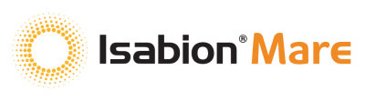 Isabion Mare logosu; turuncu noktalı daire ve siyah-turuncu yazı