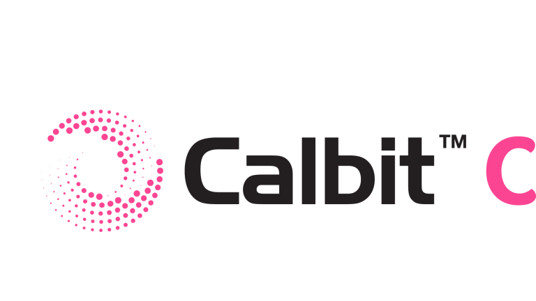 Calbit logosu, pembe noktalı spiral simge ve siyah yazı