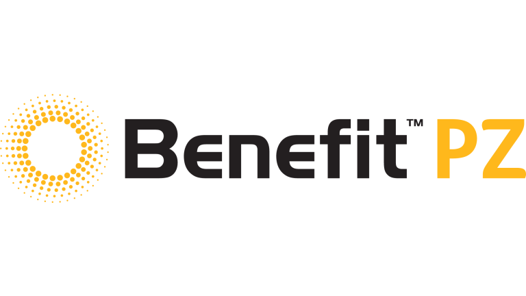 Siyah “Benefit PZ” yazısı ve sarı güneş logolu logo