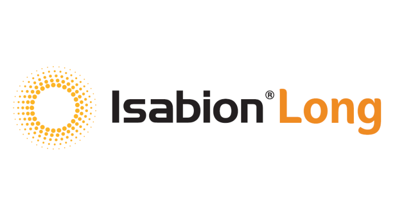 Isabion Long yazılı logo; solda turuncu noktalı daire, sağda siyah ve turuncu metin