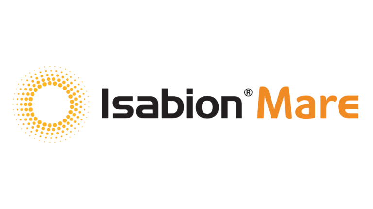 Isabion Mare logosu; turuncu noktalı daire ve siyah-turuncu yazı